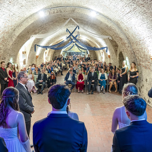 Festlich-frohe Ertwartung beim Jubiläumsball im historischen Ambiente der Burg Forchtenstein. Links vorne: Pfarrer Aby Puthumana, rechts Ägidius J. Zsifkovics.
