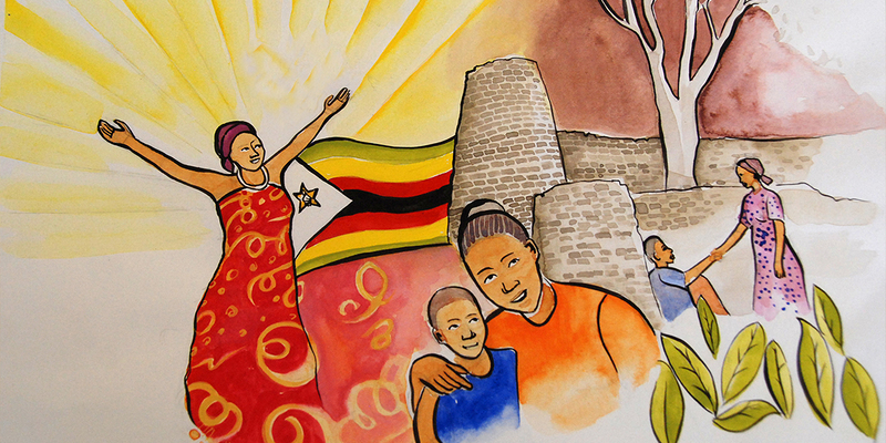 Nonhlanhia Mathe, seit 15 Jahren Malerin, gestaltete das Titelbild zum diesjährigen Weltgebetstag mit dem Titel 'Steh auf und geh!' Im Mittelpunkt steht die Begegnung Jesu mit einem Kranken – um vom kraftlosen, passiven Warten ins eigene, kraftvolle 
