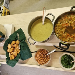Suppen und Einlagen: v.l. Kürbiscremesuppe, Bärlauchsuppe, Zucchinicremesuppe und Gemüsesuppe